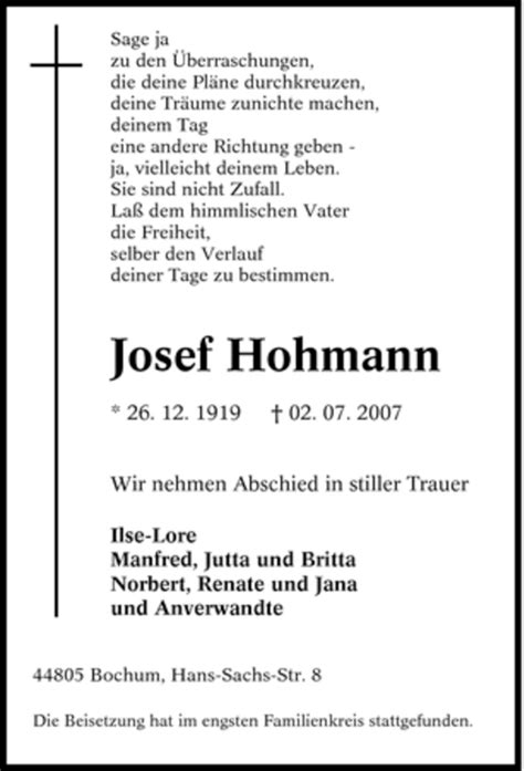 Traueranzeigen Von Josef Hohmann Trauer In NRW De