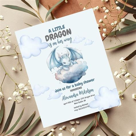 Blue Watercolor Dragon Baby Shower Invitation Zazzle Dragon Baby