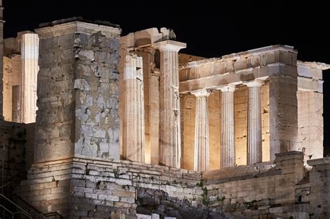 Acropolis Of Athens Entrance Gate Pillars Night Photo Stock Photo