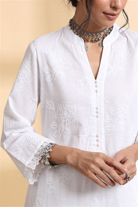 Buy White Handcrafted Straight Cotton Short Kurta White Short Medium Kurta For Women Farida