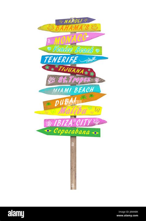 Bright Colorful Wooden Directional Beach Signs With Text On Pole