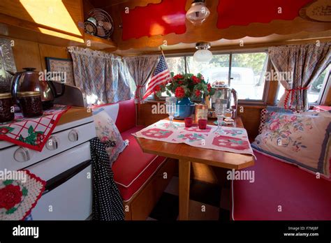 Interior view of breakfast table in a vintage trailer at the 4th Annual Vintage Trailer Bash ...