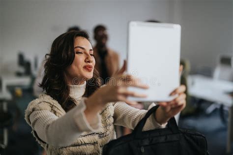 Modern Office Vibes Brunette Takes A Selfie With A Tablet During Her Break Stock Image Image