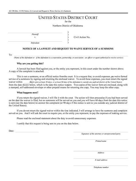 Fillable Online Oknd Uscourts 01 09 Notice Of A Lawsuit And Request To