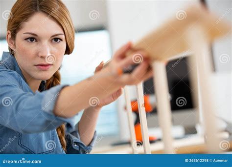 Woman Assembling Wooden Furniture Young Girl Doing Home Improvement