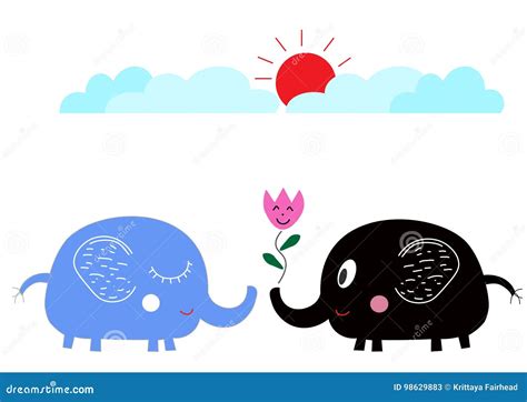 Cute Cartoon Elephants In Love Under The Sun Stock Vector