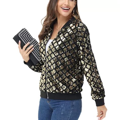 Womens Striped Metallic Sequin Varsity Jacket