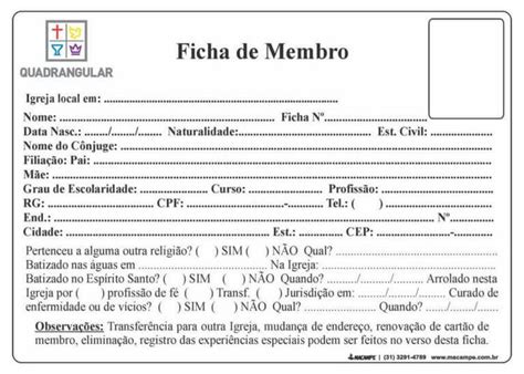 Ficha De Cadastro De Membros Serdivino Corpo De Cristo Cadastro