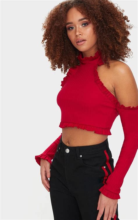 Red Ribbed High Neck Frill Cold Shoulder Crop Top Cold Shoulder Crop