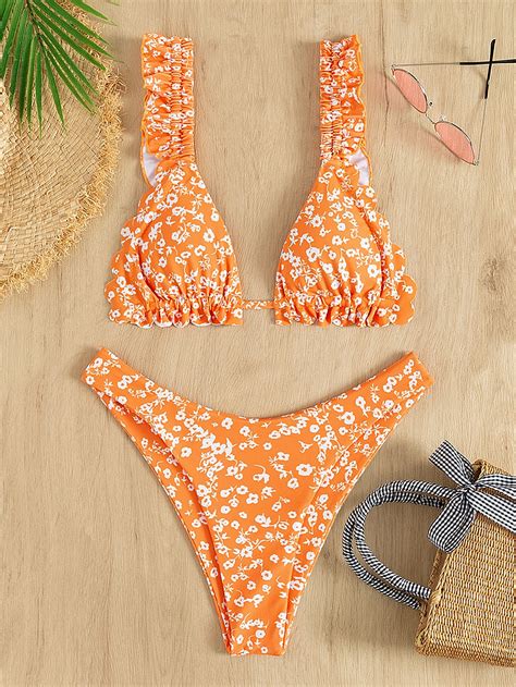 Ditsy Floral Print Frill Trim Bikini Swimsuit Shein Usa