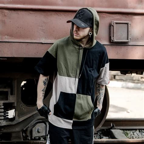 Buy New Fashion Streetwear Hoodies Men Short Sleeve Hooded Hip Hop Patchwork