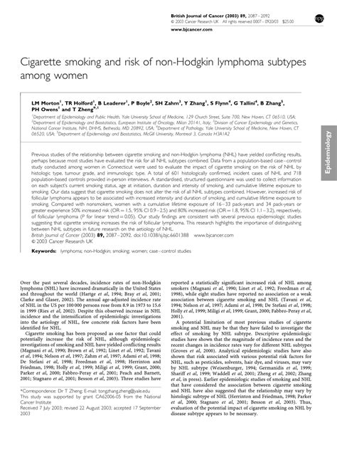 Pdf Cigarette Smoking And Risk Of Non Hodgkin Lymphoma Subtypes Among