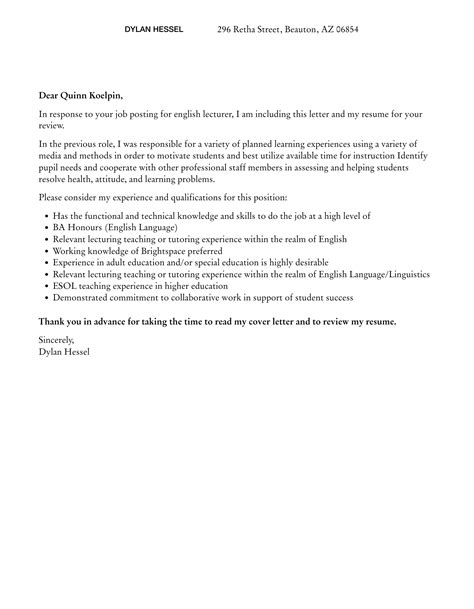 English Lecturer Cover Letter Velvet Jobs