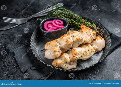 Bbq Chicken Shish Kebab Skewers Shashlik With Onion And Spices Black