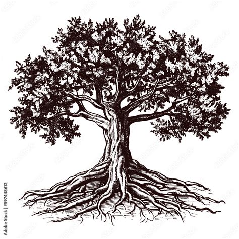 Oak Tree With Roots Vintage Sketch Tree With Spreading Roots Stock