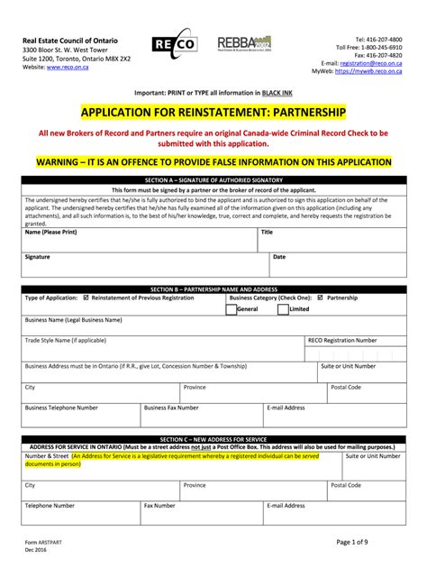 Fillable Online Reco On Application For Reinstatement Partnership