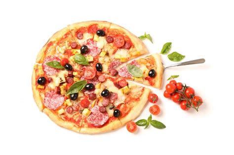 Premium Photo | Tasty pizza and ingredients isolated on white background