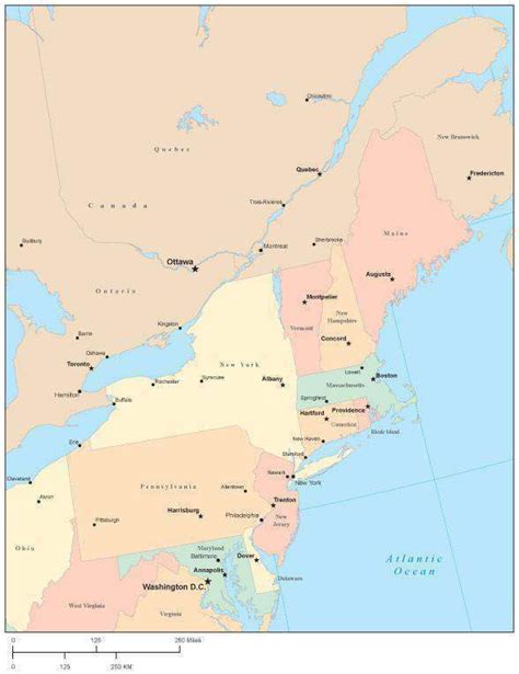 USA Northeast Region Map with State Boundaries, Capital and Major Citi