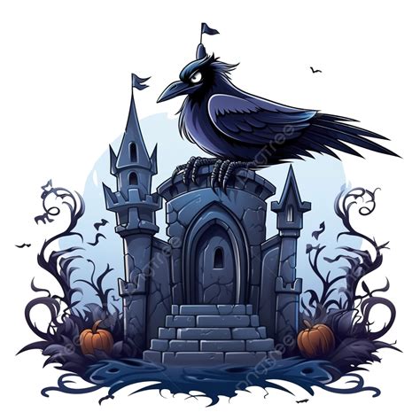 Halloween Raven Cartoon On Grave In Front Of Castle Design Holiday And