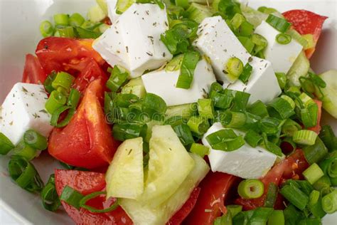 Greek Salad In White Bowl Macro Photo Of Fresh Garden Salat Salad