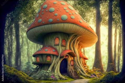 Fairytale House In A Giant Fantasy Mushroom House Of Mystical