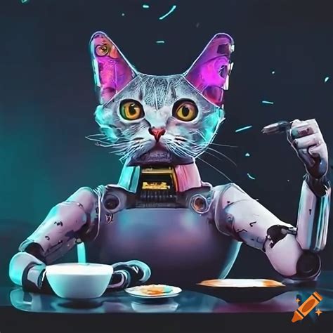 Cyberpunk Artwork Of Robot Cats Cooking Breakfast On Craiyon