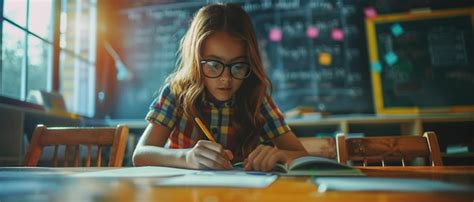 A Girl Doing Math On Classroom Sitting On His Desk With Blur Blackboard In The Background