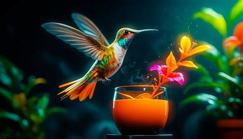 Premium Photo Bright Hummingbird Bird Over A Flower On A Dark Background