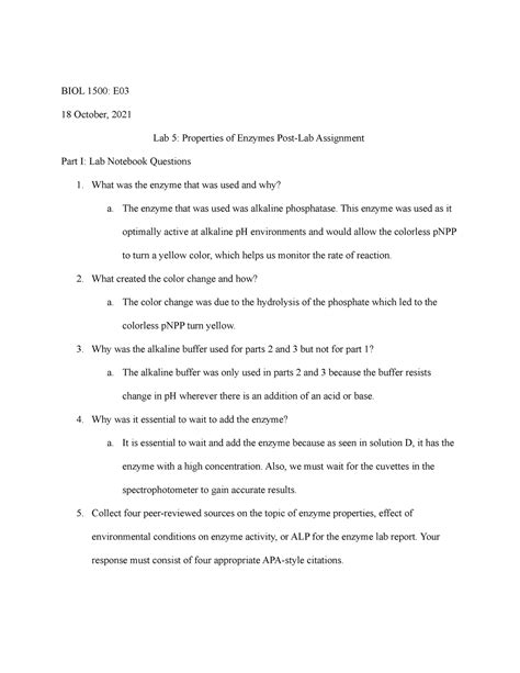 Bio Lab 5 Post Lab Post Lab 5 Assignment Biol 1500 E 18 October 2021 Lab 5 Properties