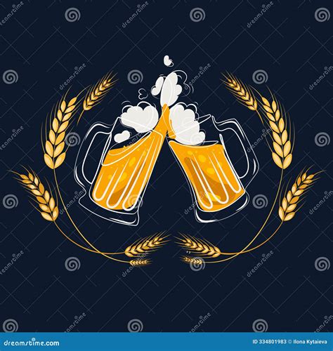 Two Toasting Beer Mugs Cheers With Spikelets Hand Drawn Clinking Glass Full Of Beer And