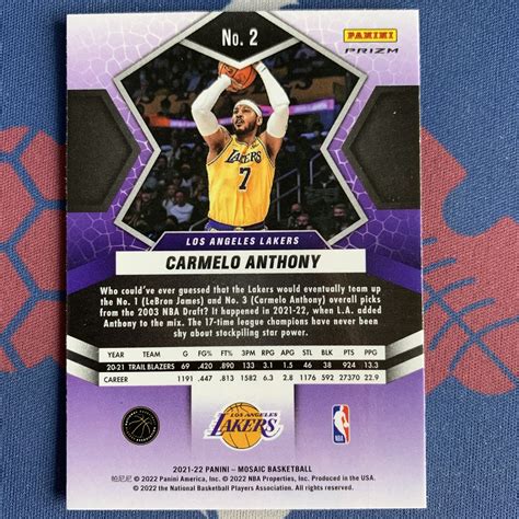 2021 22 Panini Mosaic Carmelo Anthony 【海宝】马赛克 湖人 甜瓜卡梅隆安东尼 起源折 创世纪折 大比例