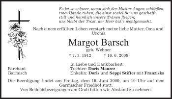 Traueranzeigen Von Margot Barsch Trauer Merkur De