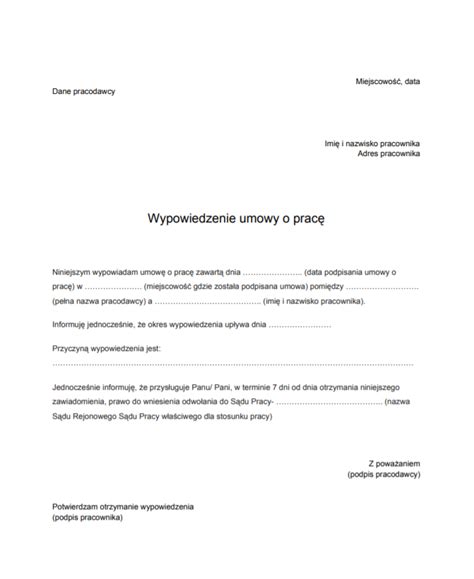 Wypowiedzenie umowy o pracę wzór PDF i DOC Jak napisać