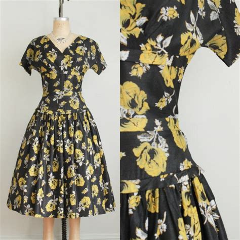 Vintage 1950s Yellow And Black Floral Print Dress F… Gem