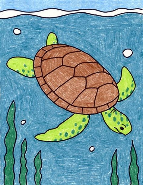 Easy How to Draw a Sea Turtle Tutorial Video and Sea Turtle Coloring Page | Turtle drawing, Sea ...