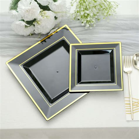 10 Pack 10 Gold Trim Black Square Plastic Dinner Plate Tableclothsfactory