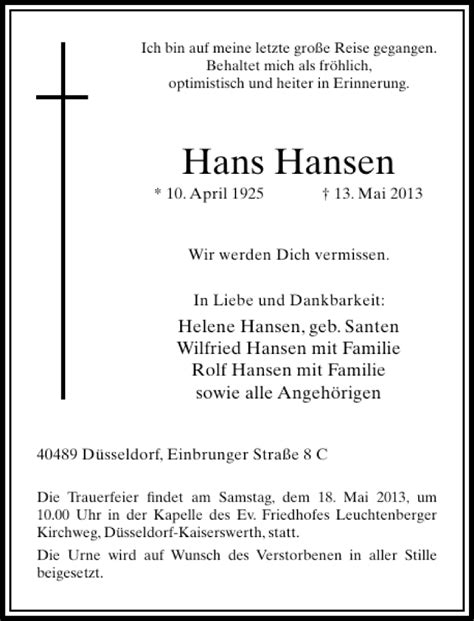 Alle Traueranzeigen für Hans Hansen trauer rp online de