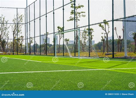 Close Up Of The Goal And Touchline Of A Brand New Football Stadium