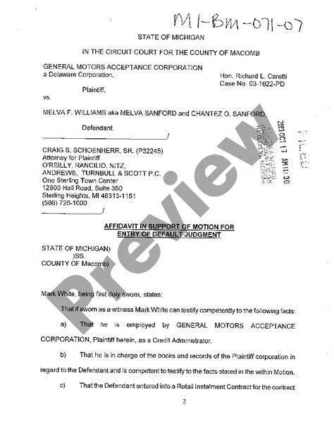 Detroit Michigan Affidavit In Support Of Motion For Entry Of Default