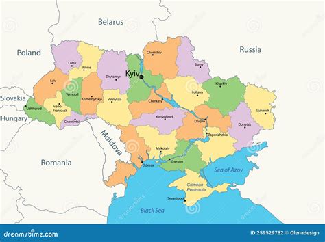 Administrative Map Of Ukraine With Colored Ukrainian Areas And Borders