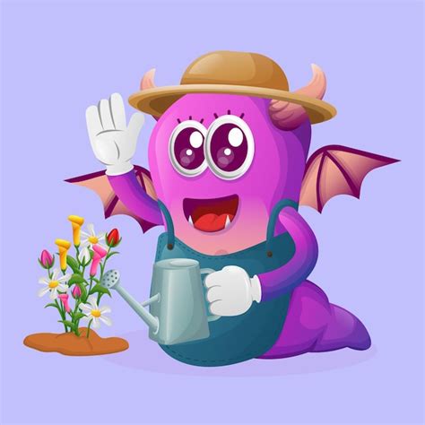 Premium Vector Cute Purple Monster Gardening Taking Care Of Plants