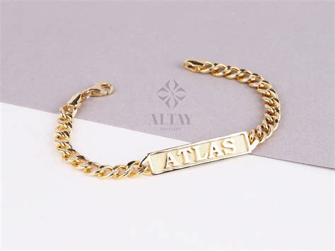 14k Gold Name Bracelet Nameplate Cuban Link Bracelet Gold Custom Engraved Id Bar Curb Chain