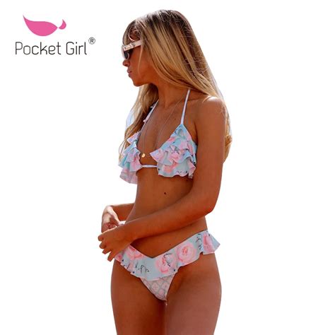 Pocket Girl Women Sexy Bikini Set Printed Push Up Padded Swimwear