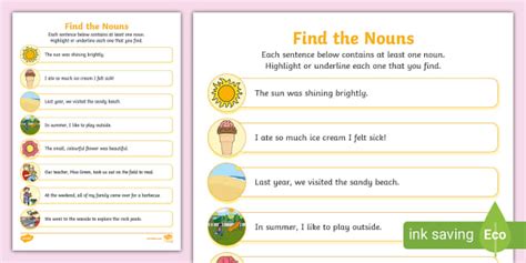 Summer Find The Nouns Worksheet Teacher Made Twinkl