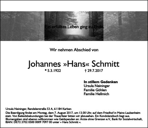 Traueranzeigen Von Johannes Hans Schmitt Trauer Rheinmain De