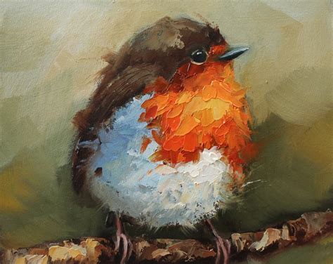 Robin Bird Original Oil Painting On Cardboard Texture Art By Daiga