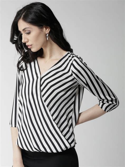 Style Quotient Women Black And Off White Striped Wrap Top Stylequotient