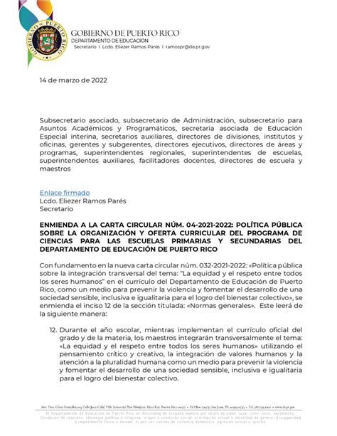 ENMIENDA A LA CARTA CIRCULAR NÚM 04 2021 2022 POLÍTICA PÚBLICA SOBRE