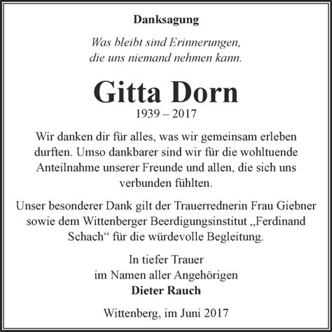 Traueranzeigen Von Gitta Dorn Abschied Nehmen De