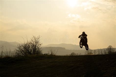 Motorcyclist Riding Off Road During Sunset Slovakia Stock Image